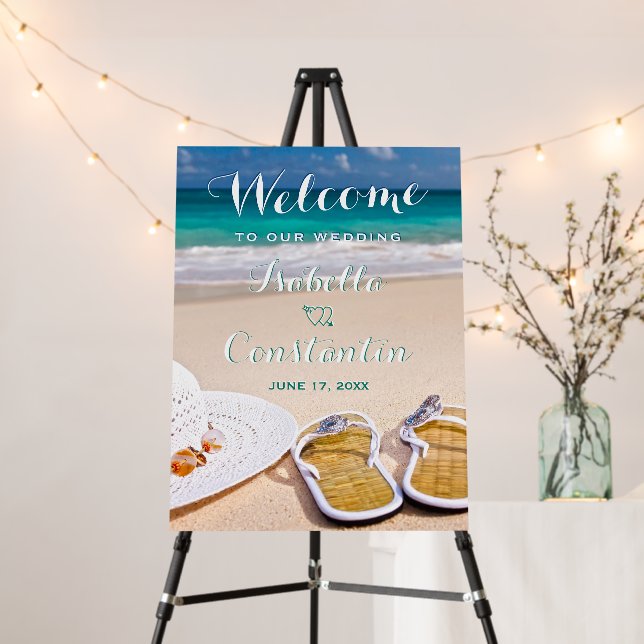 Elegant Floral Tropical Beach Wedding Welcome Sign (In Situ (Stand))