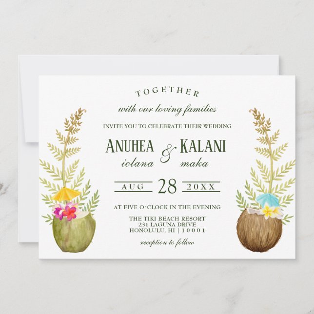 Elegant Floral Tropical Hawaii Beach Wedding Invitation (Front)