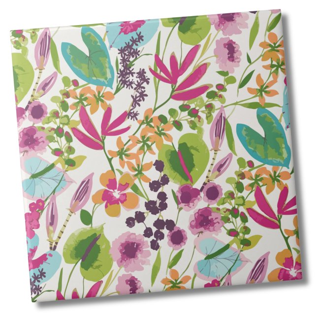 Elegant Floral Tropical Pattern Ceramic Tile (Pink Blue Green Modern Vintage Floral Tropical Ceramic Tile)