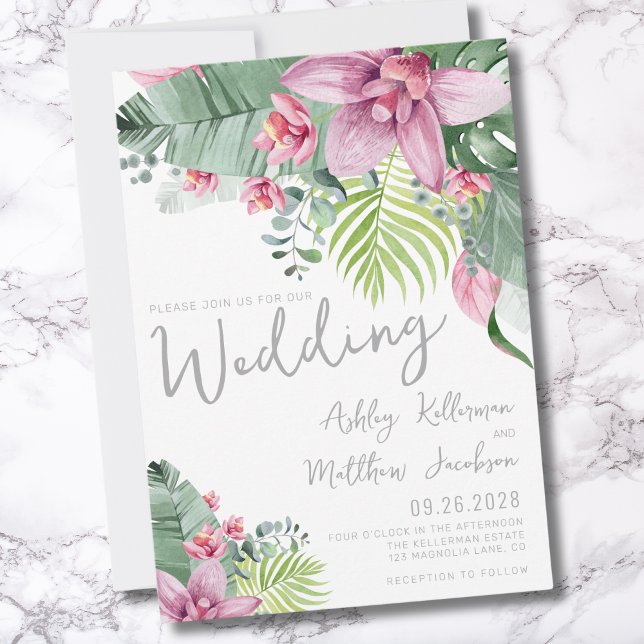 Elegant Floral Tropical Wedding Invitation (Chic Elegant Palm Leaves Tropical Floral Wedding Invitation)