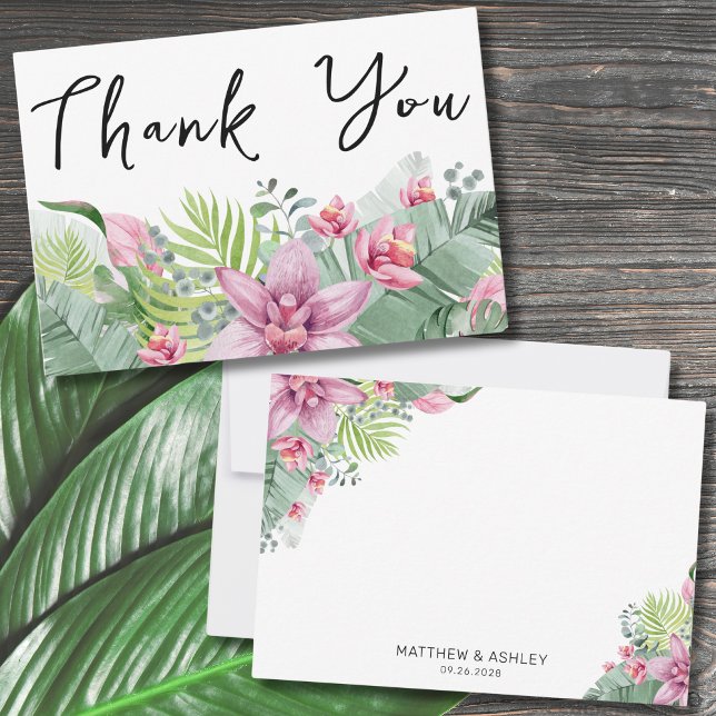 Elegant Floral Tropical Wedding Thank You Card (Modern Elegant Palm Floral Beach Tropical Wedding Thank You Card)