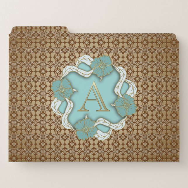 Elegant Floral Turquoise gold monogram letter A File Folder (Front Left)