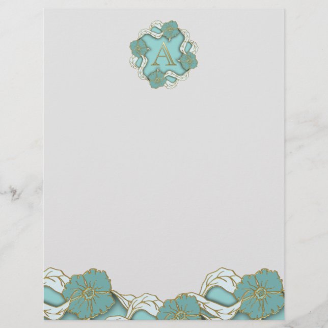 Elegant Floral Turquoise gold monogram letter A Letterhead (Front)