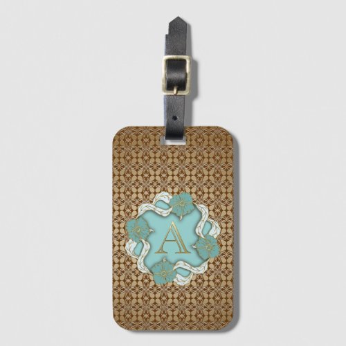 Elegant Floral Turquoise gold monogram letter A Luggage Tag