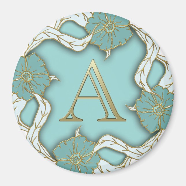 Elegant Floral Turquoise gold monogram letter A Magnet (Front)