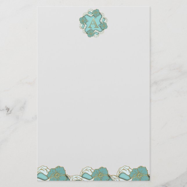 Elegant Floral Turquoise gold monogram letter A Stationery (Front)