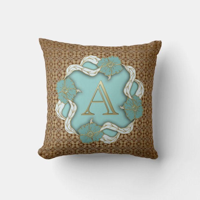 Elegant Floral Turquoise gold monogram letter A Throw Pillow (Front)