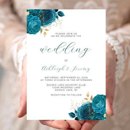 Elegant Floral Turquoise Gold Script Wedding Invitation