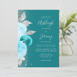 Elegant Floral Turquoise Silver Glitter Wedding Invitation | Zazzle