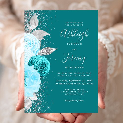 Elegant Floral Turquoise Silver Glitter Wedding Invitation