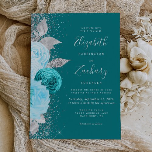 Elegant Floral Turquoise Silver Glitter Wedding Invitation