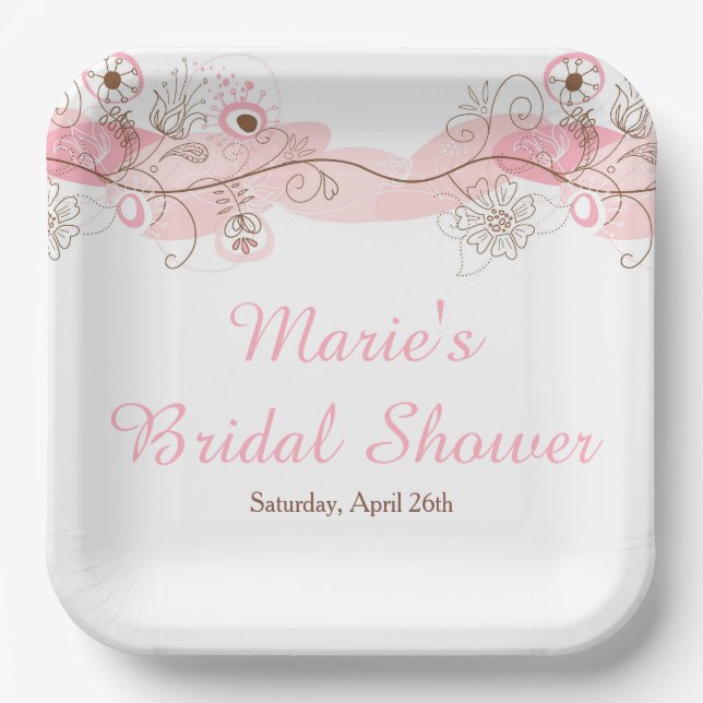Elegant Floral Twist Bridal Shower in Pink Paper Plates (Front)