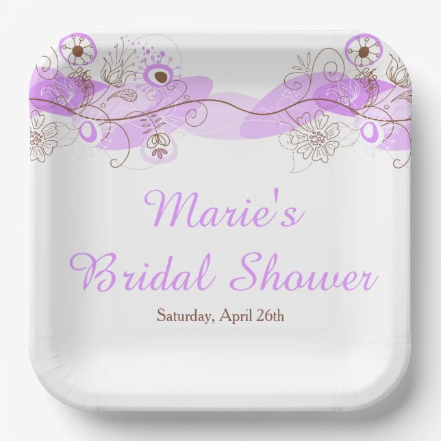 Elegant Floral Twist Bridal Shower in Purple Paper Plates (Front)