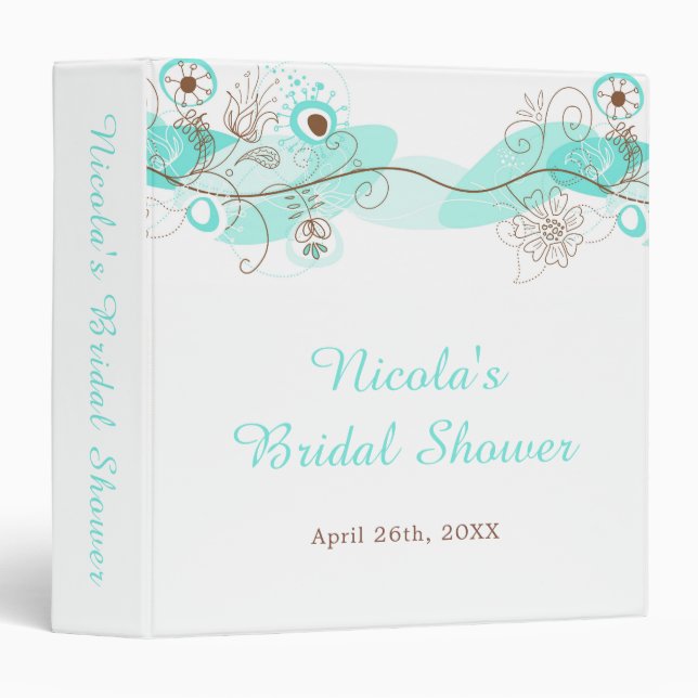 Elegant Floral Twist Bridal Shower in Turquoise 3 Ring Binder (Front/Spine)