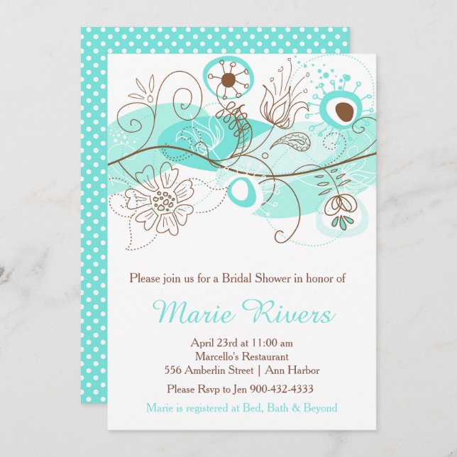 Elegant Floral Twist Bridal Shower in Turquoise Invitation (Front/Back)
