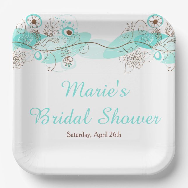 Elegant Floral Twist Bridal Shower in Turquoise Paper Plates (Front)