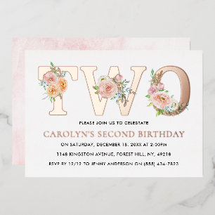 Elegant Floral TWO 2nd Birthday Real Foil Invitation