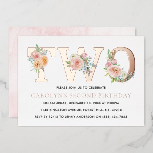 Elegant Floral TWO 2nd Birthday Real Foil Invitation