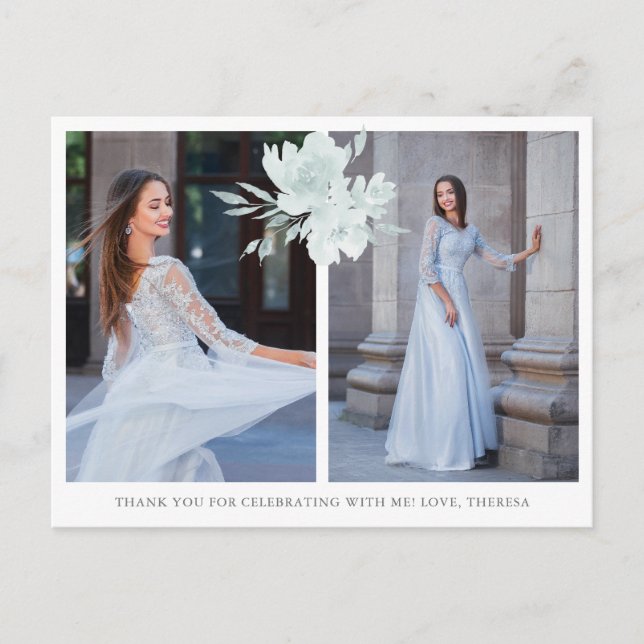 Elegant Floral Two Photo Quinceanera Thank You Postcard (Front)