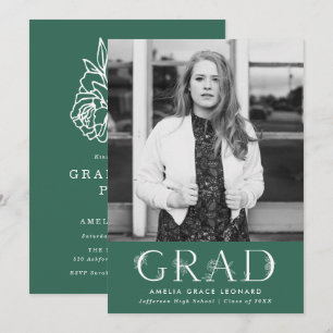 Elegant Floral Type Green Photo Graduation Party Invitation