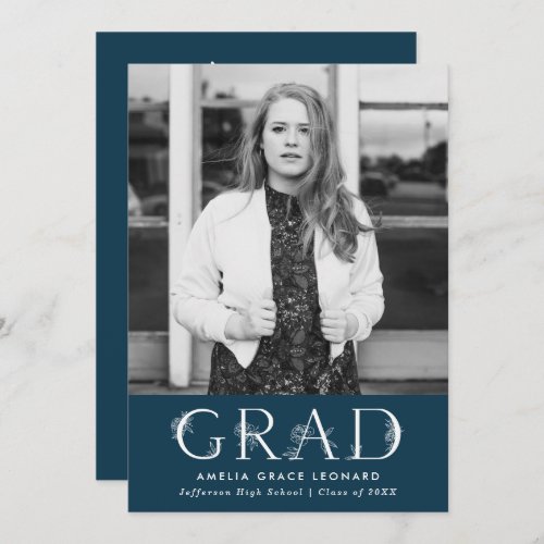 Elegant Floral Type Navy Photo Graduation Party Invitation