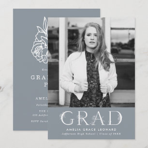 Elegant Floral Type Slate Blue Graduation Party Invitation