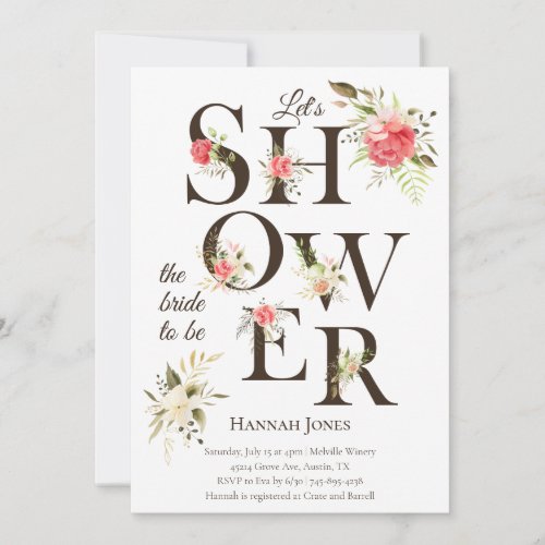 Elegant Floral Typography Coral Bridal Shower Invitation