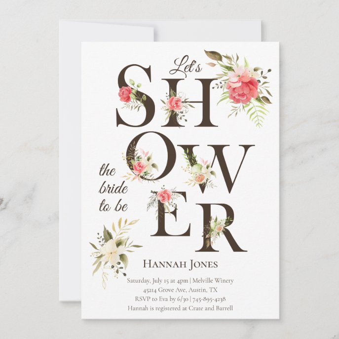 Elegant Floral Typography Coral Bridal Shower Invitation