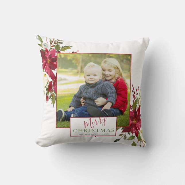 Elegant Floral Typography Photo Keepsake Holiday Throw Pillow (Front)