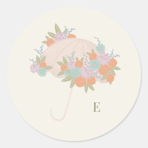 Elegant Floral Umbrella Monogram Baby Shower Classic Round Sticker