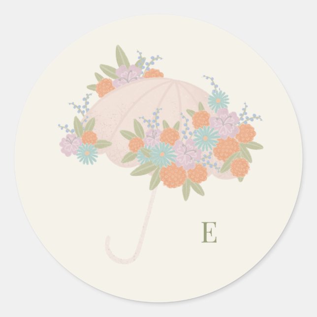 Elegant Floral Umbrella Monogram Baby Shower Classic Round Sticker (Front)