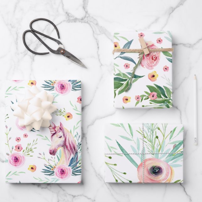 Elegant Floral Unicorn Wrapping Paper Sheets (Front)