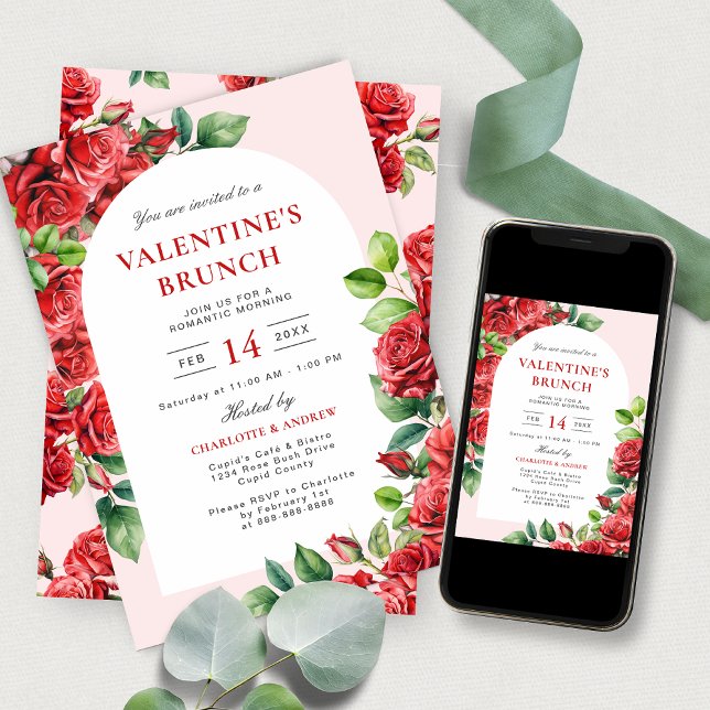 Elegant Floral Valentine's Day Brunch Red Roses Invitation (Creator Uploaded)