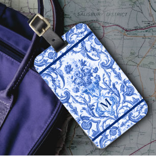 Elegant floral vase Blue toile de jouy monogram Luggage Tag