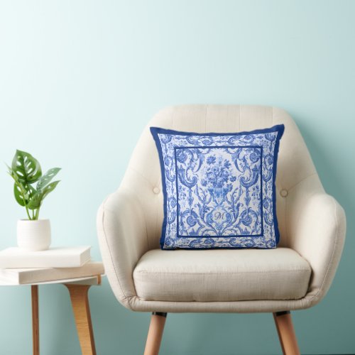Elegant floral vase Blue toile de jouy monogram Throw Pillow