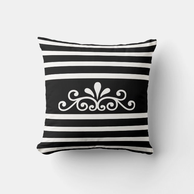 Elegant Floral Vector on Black & White Striped Throw Pillow (Front)