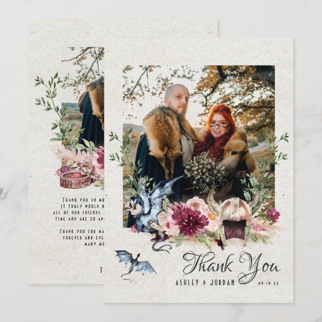 Elegant Floral Viking Wedding Photo Thank You Card (Front/Back)