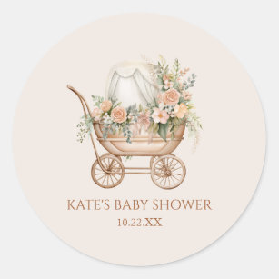Elegant Floral Vintage Baby Carriage Baby Shower Classic Round Sticker