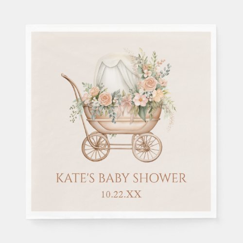 Elegant Floral Vintage Baby Carriage Baby Shower Napkins