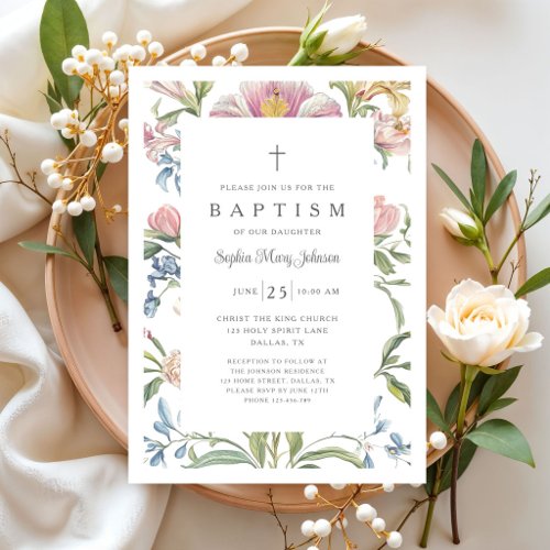 Elegant Floral Vintage Baby Girl Baptism Invitation