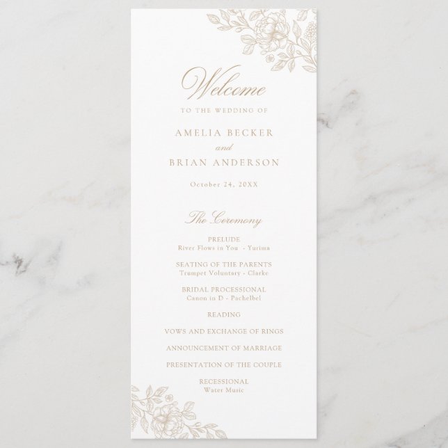 Elegant Floral Vintage Beige Gold Wedding Program (Front)