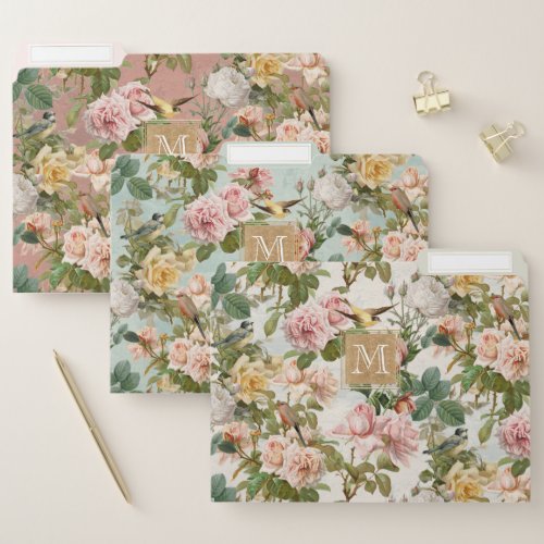 Elegant Floral Vintage Birds Business Monogram File Folder