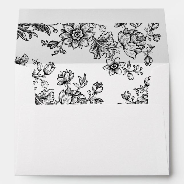 Elegant Floral Vintage Black White Wedding Envelope (Back (Bottom))