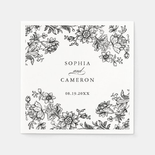 Elegant Floral Vintage Black White Wedding Napkins