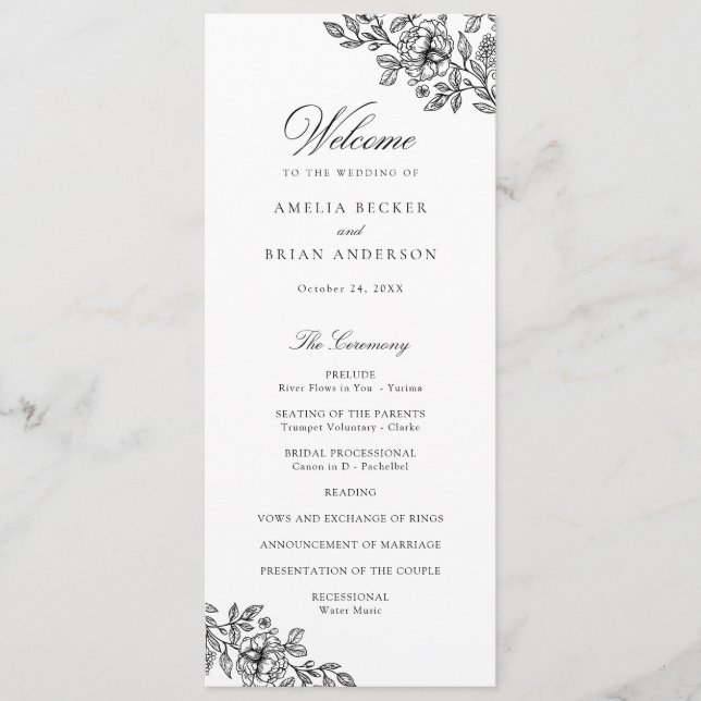 Elegant Floral Vintage Black White Wedding Program (Front)