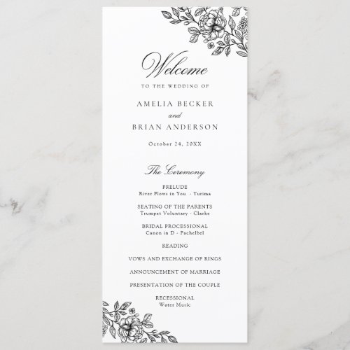 Elegant Floral Vintage Black White Wedding Program