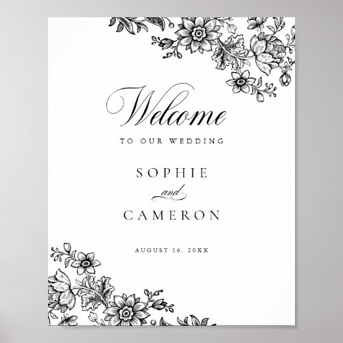 Elegant Floral Vintage Black White Wedding Welcome Poster