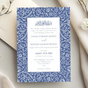 Elegant Floral Vintage Blue Islamic Muslim Wedding Invitation