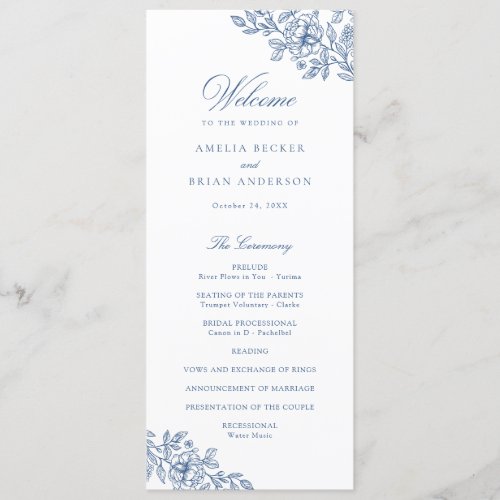 Elegant Floral Vintage Blue Wedding Program
