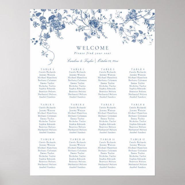 Elegant Floral Vintage Blue Wedding Seating Chart (Front)